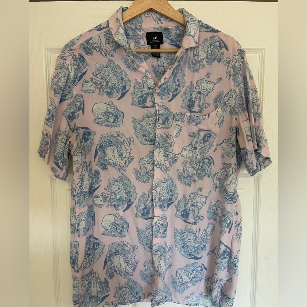 H&M SpongeBob SquarePants Button Shirt Mens S Pink Blue Hawaiian All Over Print